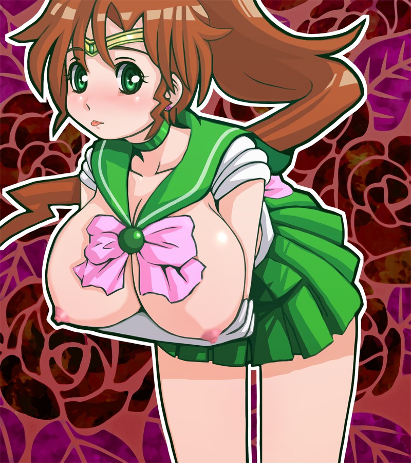 1girls bishoujo_senshi_sailor_moon breasts brown_hair choker circlet clothing earrings ebi_tendon elbow_gloves female female_only gloves green_eyes holding_breasts large_breasts long_hair magical_girl makoto_kino ponytail rule34 sailor_jupiter skirt solo tied_hair tongue tongue_out