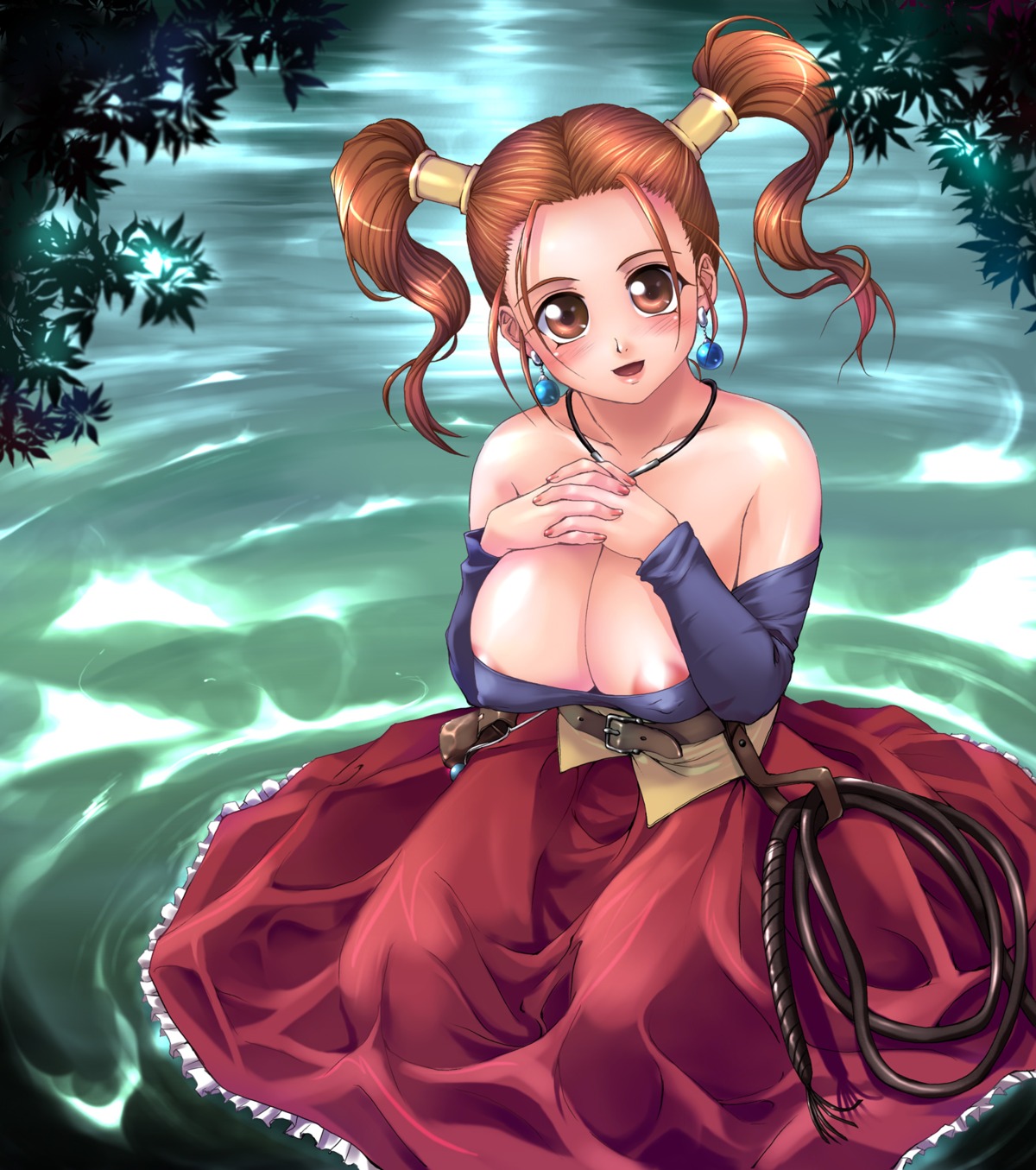 1girls blush breast_suppress breasts cleavage clothing dragon_quest dragon_quest_viii dress erect_nipples erect_nipples_under_clothes female female_only highres huge_breasts human jessica_albert large_breasts nipples rule34 shinozuka_jouji solo strapless_dress tied_hair twintails water