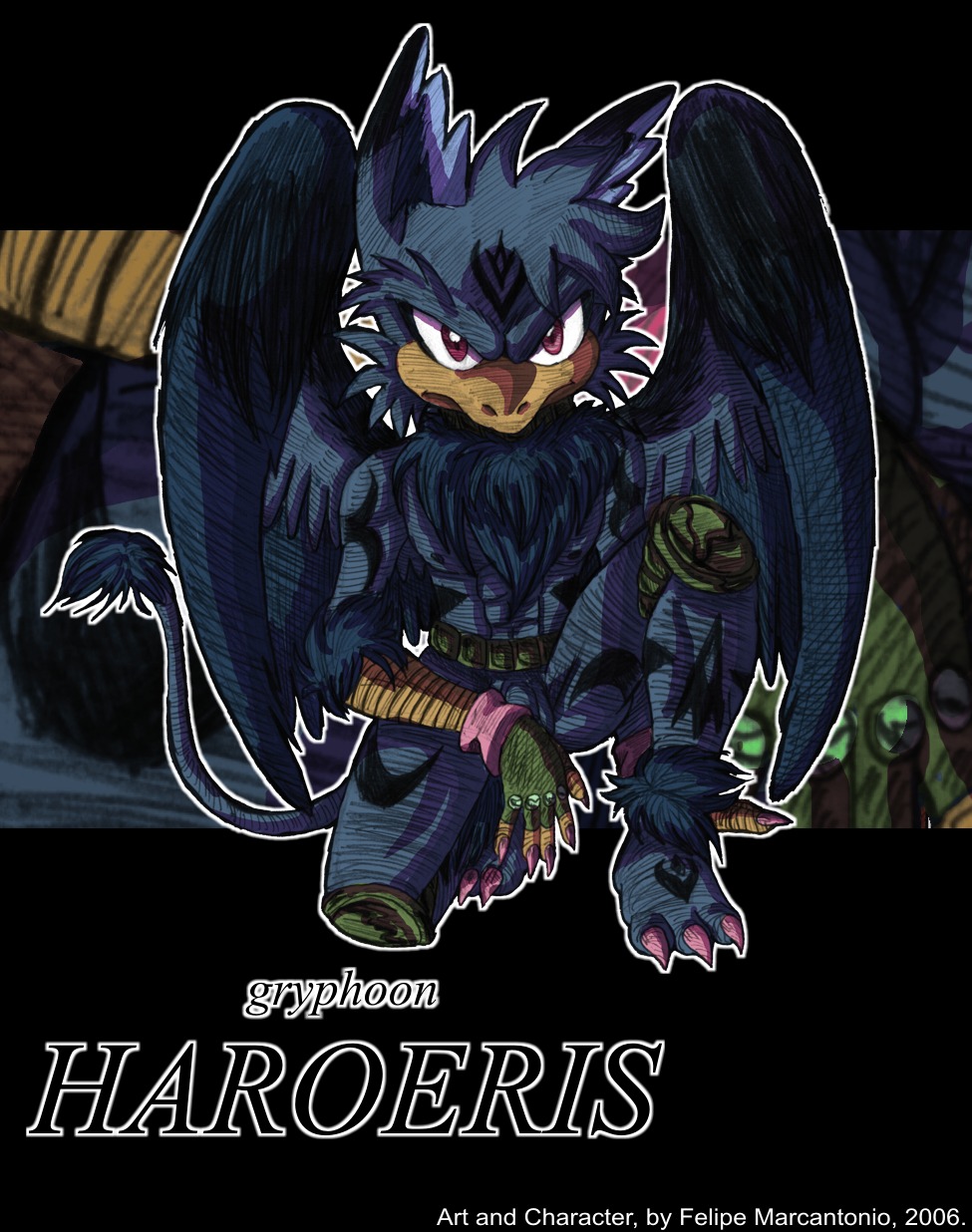 abs anthro armor avian balls beak belt blue_body blue_feathers covering covering_self crouching e621 feathered_wings feathers flaccid genitals gryphon haroeris hi_res looking_at_viewer male muscular muscular_anthro muscular_male mythological_avian mythological_creature mythology nipples nude pecs penis penis_base purple_eyes solo tail tattoo wings yuski