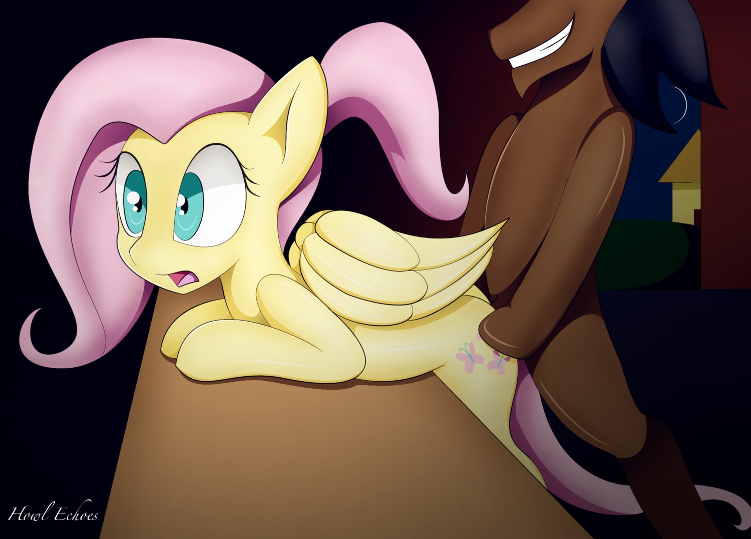 bent_over crescent_moon digital_media_(artwork) duo e621 equid equine fan_character feathered_wings feathers female female_penetrated feral fluttershy_(mlp) friendship_is_magic from_behind_position fur hair hasbro hi_res hooves howl_echoes male male/female male_penetrating male_penetrating_female mammal moon my_little_pony mythological_creature mythological_equine mythology night nude outside pegasus penetration pink_hair ponytail sex side_view sky surprised wings yellow_body yellow_feathers yellow_fur