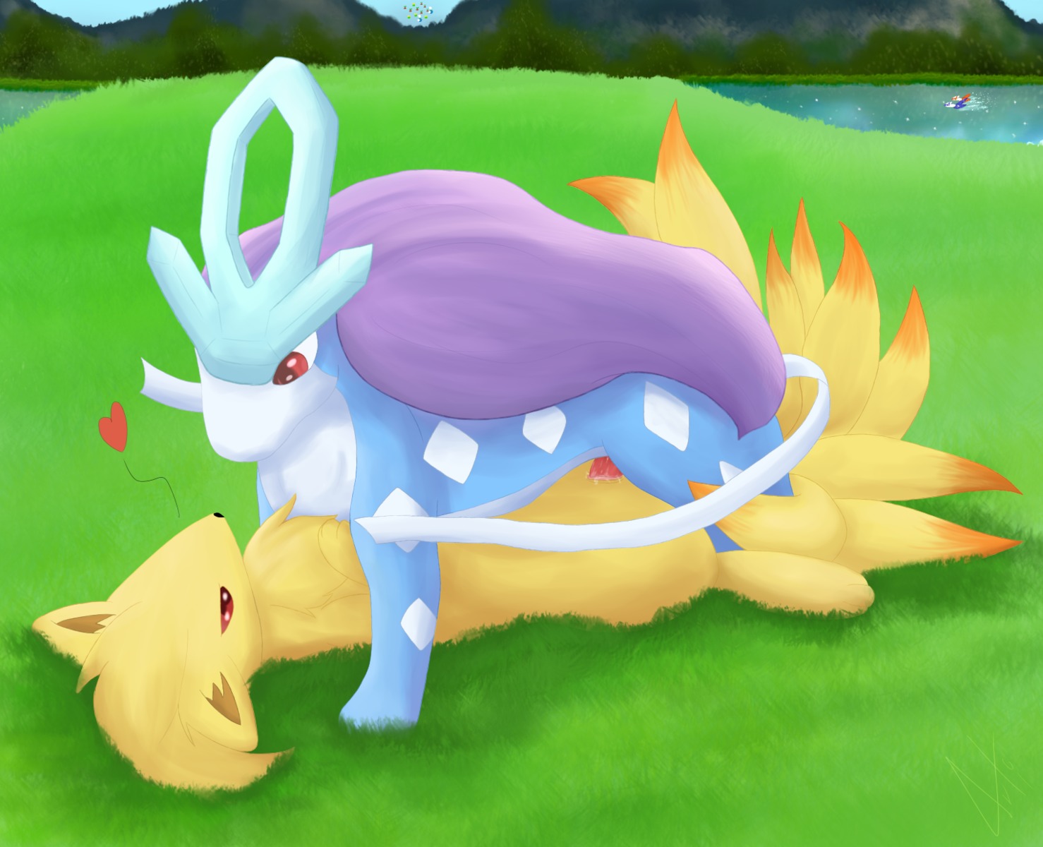 1boy 1girls arti4000 female feral fur furry_tail male multi_tail ninetales pok&eacute;mon_(species) pokemon pokemon_(species) rule34 straight_hair suicune tagme tail tails