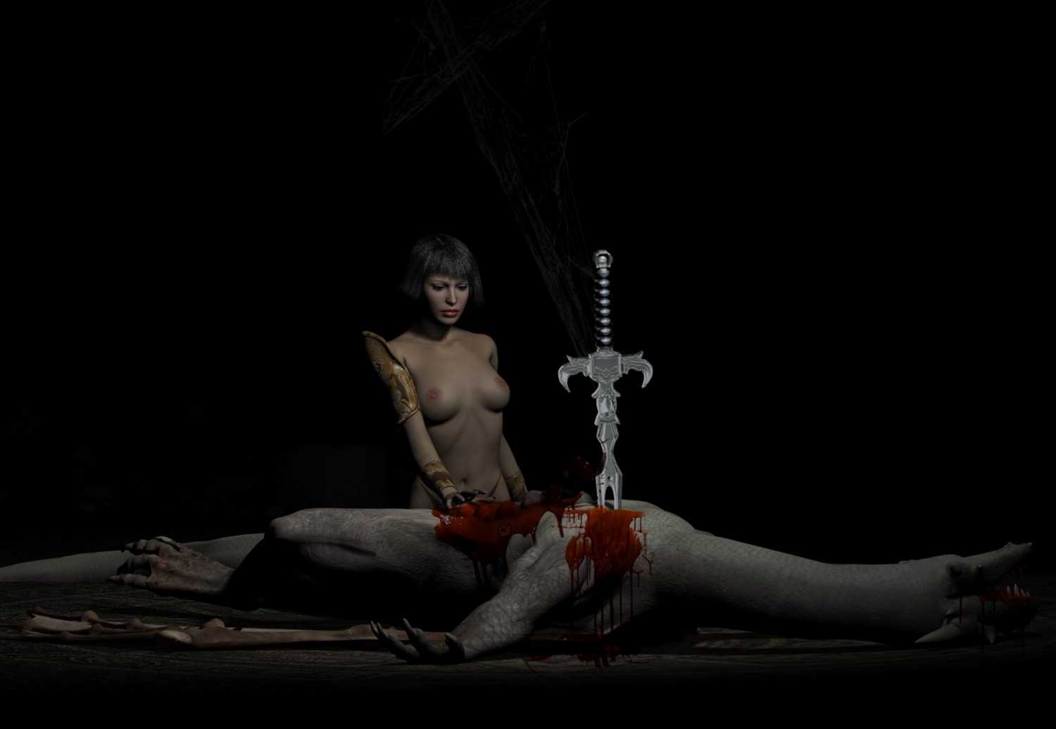 blood bodily_fluids breasts dragon duo e621 feet female feral gore guts hair hi_res hiram67 melee_weapon mythological_creature mythological_scalie mythology nipples organs scalie snuff sword tail weapon