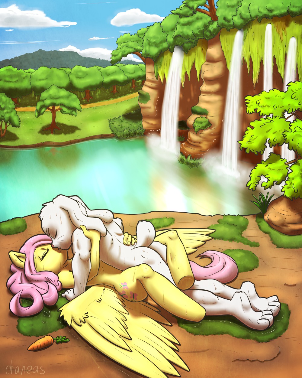 2013 4:5 angel_(mlp) anthro anthrofied bodily_fluids carrot cutie_mark digital_media_(artwork) draneas duo e621 equid equine eyes_closed feathered_wings feathers female fluttershy_(mlp) food friendship_is_magic from_front_position fur hair hasbro hi_res interspecies kiss_on_lips kissing lagomorph leg_wrap leporid lying male male/female mammal missionary_position my_little_pony mythological_creature mythological_equine mythology nude on_back outline pegasus pink_hair plant rabbit sex signature sweat vegetable white_body white_fur wings yellow_body yellow_feathers yellow_fur