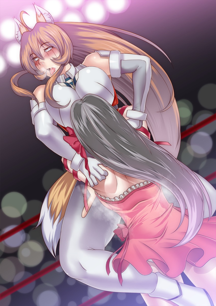 animal_ear bearhug brown_hair catfight character_request crying elbow_gloves female gloves highres kupala kupala_(artist) long_hair rule34 saliva source_request very_long_hair wrestling