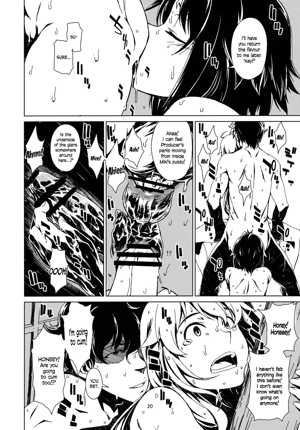 1boy 2girls anal anilingus backlighting bisexual black_hair blonde_hair censored comic english_text female fisting food hoshii_miki idolmaster kikuchi_makoto leg_grab long_hair male mouth_hold multiple_females multiple_girls navel nipples nude open_mouth oppai page_20 popsicle producer_(idolmaster) right_to_left rule34 sex shadow short_hair shouji spread_legs straight summer sweat sweatdrop takemura_sesshuu translated tree tupet yuri