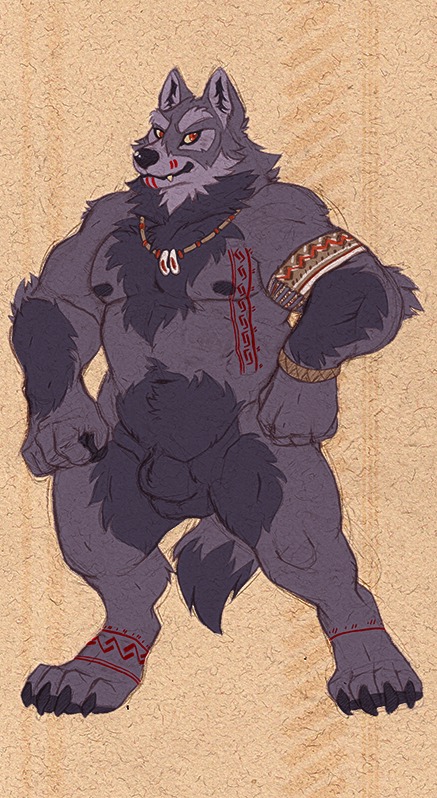 animal_genitalia anthro balls bracelet canid canine canis digitigrade e621 fully_sheathed genitals hairy jewelry looking_at_viewer male mammal necklace nipples nude rome_(artist) sheath slightly_chubby solo tail tattoo tribal wolf