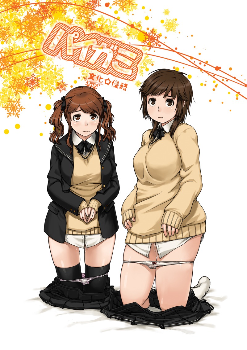 blazer breasts brown_eyes brown_hair female hair_ribbon kneeling large_breasts nakata_sae panties panty_pull plump pussy pussy_juice ribbon rule34 sakurai_rihoko school_uniform skirt skirt_pull sleeves_past_wrists sweater tachibana_midori thighhighs tied_hair twintails underwear