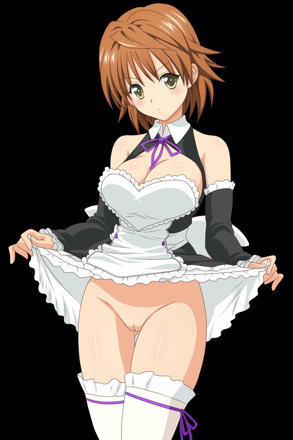 artist_request blush breasts brown_hair cleavage cleavage_cutout clothing female frilled_thighhighs heart highres large_breasts maid no_panties pussy rule34 rule_63 short_hair skirt skirt_lift stockings thighhighs to_love-ru uncensored waitress waitress_uniform yellow_eyes yuuki_rito yuusaki_riko