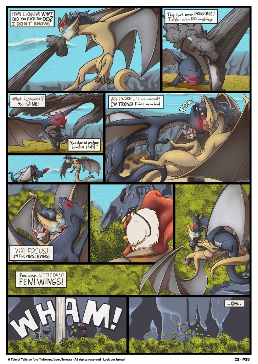 2014 2_heads akah'nen ambiguous_gender ambiguous_slit angry bite blood blue_eyes bodily_fluids cloud comic detailed_background dialogue digital_media_(artwork) dragon duo_focus e621 english_text european_mythology falling fenvix_drake feral feretta forest glowing glowing_eyes grass grey_body group headbutt magic mayor_cock membrane_(anatomy) membranous_wings mountain multi_head mythological_creature mythological_scalie mythology outside plant profanity red_eyes scalie shaded sky tail tale_of_tails text tree western_dragon wings wyvern