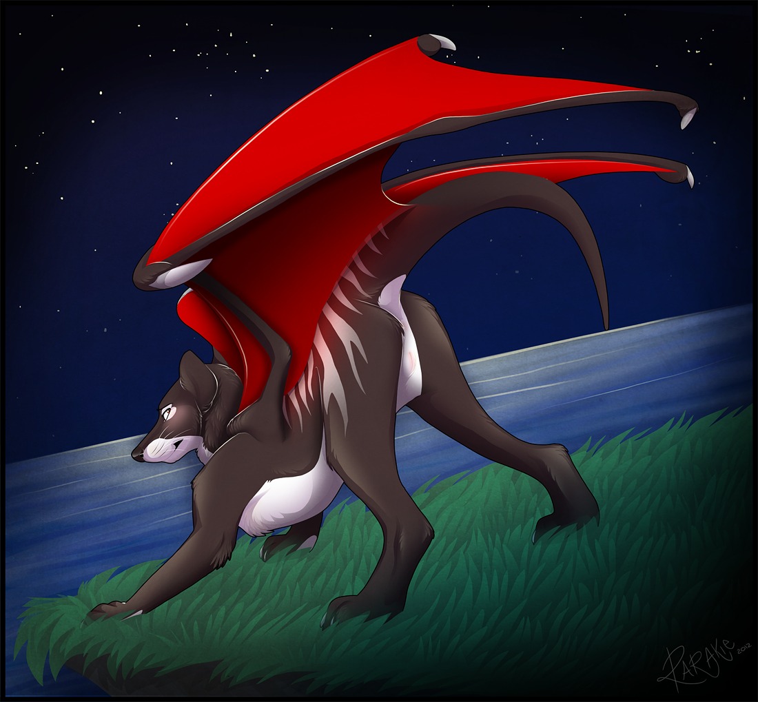 2012 blush brown_body brown_fur dasyuromorph dragon e621 female feral fur genitals hybrid looking_back mammal marsupial membrane_(anatomy) membranous_wings mythological_creature mythological_scalie mythology night outside presenting raised_tail rarakie recently_extinct_species scalie sky smile solo star starry_sky tail thylacine vulva wings