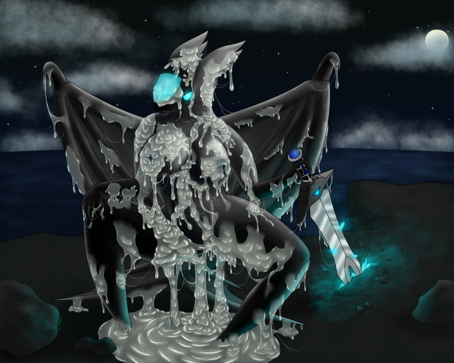 5:4 absurd_res anthro anthrofied big_breasts black_body black_skin bodily_fluids breasts cum cum_everywhere dragon e621 excessive_cum excessive_genital_fluids fakemon female generation_3_pokemon genital_fluids genitals hi_res latias legendary_pokemon membrane_(anatomy) membranous_wings messy mythological_creature mythological_scalie mythology nintendo non-mammal_breasts pokemon pokemon_(species) pokemorph rasha scalie solo thick_thighs unknown_artist vulva wings
