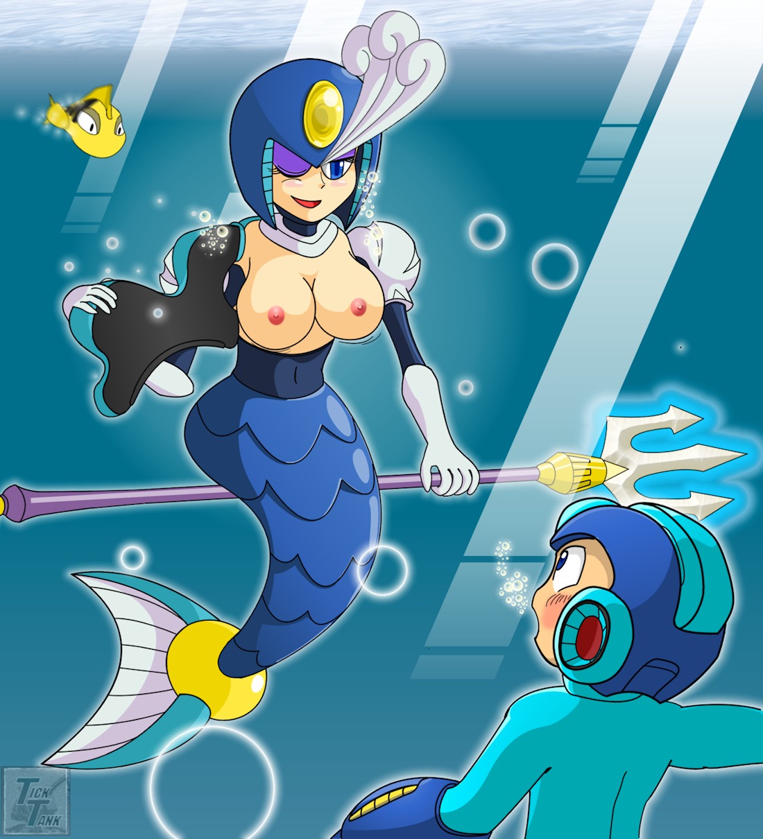 blue_eyes blush boots breasts elbow_gloves female gloves helmet highres mega_man mega_man_(character) mega_man_(classic) nipples rule34 splash_woman ticktank underwater white_gloves wink