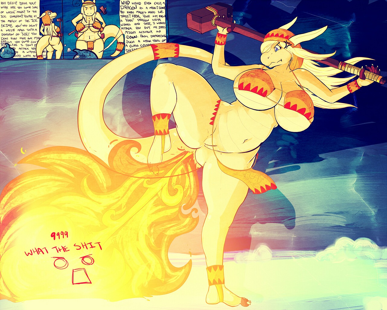 2011 abstract_background angry anthro big_breasts bikini biped blonde_hair blue_eyes bottomless bottomwear bottomwear_aside breasts butt claws cleavage clothed clothing clothing_aside comic crotch_apron dialogue dragon dragon_quest dripdry e621 english_text fart feet female fire fire_fart fur genitals hair hammer herro huge_breasts ineffective_clothing ineffective_loincloth loincloth loincloth_aside long_hair looking_down mature_female mythological_creature mythological_scalie mythology nails navel nipple_outline non-mammal_breasts open_mouth scalie simple_background skimpy slightly_chubby slime solo square_enix standing swimwear tail text tight_clothing tools two-piece_swimsuit under_boob vulva weapon wide_hips wingless_dragon yellow_body yellow_fur