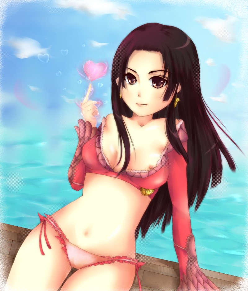 1girls akuma_no_mi black_hair boa_hancock breasts clothing female female_only heart long_hair mero_mero_no_mi midriff nipple_slip nipples one_piece panties rule34 solo straight_hair underwear water