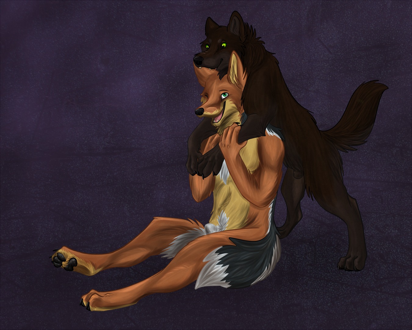 5:4 abyssa_(artist) animal_genitalia anthro anthro_on_feral bestiality bite black_pawpads brown_body brown_fur canid canine canis dingo duo e621 ear_bite feral fully_sheathed fur genitals green_eyes hug hybrid interspecies male mammal markings one_eye_closed orange_body orange_fur pawpads purple_background romantic romantic_couple sheath simple_background sitting white_markings wolf