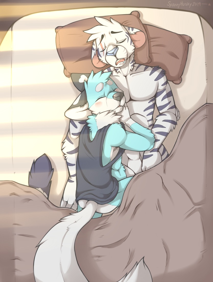 2014 abs animal_genitalia anthro atigernamedlarry bed bedding biceps blanket blush bodily_fluids bottomless canid canine clothed clothing cuddling digital_media_(artwork) drooling duo e621 eyes_closed felid fennec_fox fox fully_sheathed furniture genitals male male/male mammal morning muscular nude pantherine pecs pillow saliva shaded sheath shirt sir_kavalier sleeping spazzyhusky stripes tank_top tiger topwear true_fox