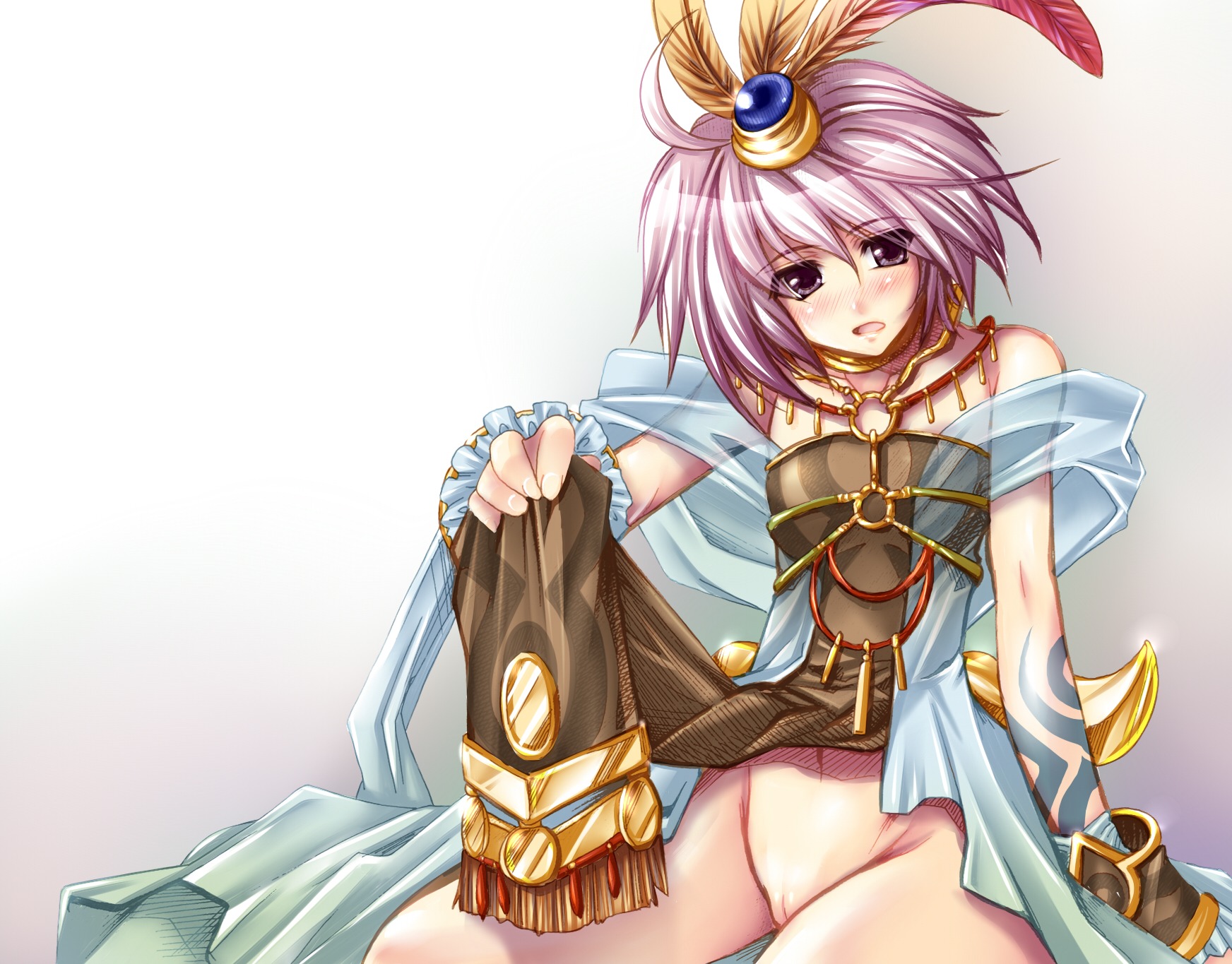 blush bottomless breasts clothing feathers female hair_ornament highres jewelry no_panties open_mouth purple_eyes purple_hair pussy ragnarok_online rule34 scarf shaman shaman_(ragnarok_online) short_hair sierra_(ro) small_breasts solo takelu tattoo uncensored