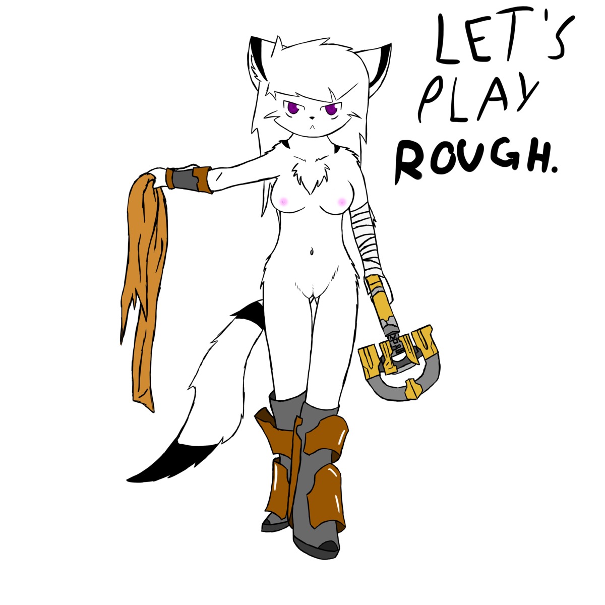 1:1 2014 absurd_res anthro armor biped black_body black_fur boots breasts clothing dead_space domestic_cat e621 electronic_arts english_text felid feline felis female footwear front_view fur genitals hair hi_res looking_at_viewer mammal nipples nude plasma_cutter purple_eyes ranged_weapon scarf shoes simple_background solo standing text unknown_artist visceral_games vulva weapon white_background white_body white_fur white_hair