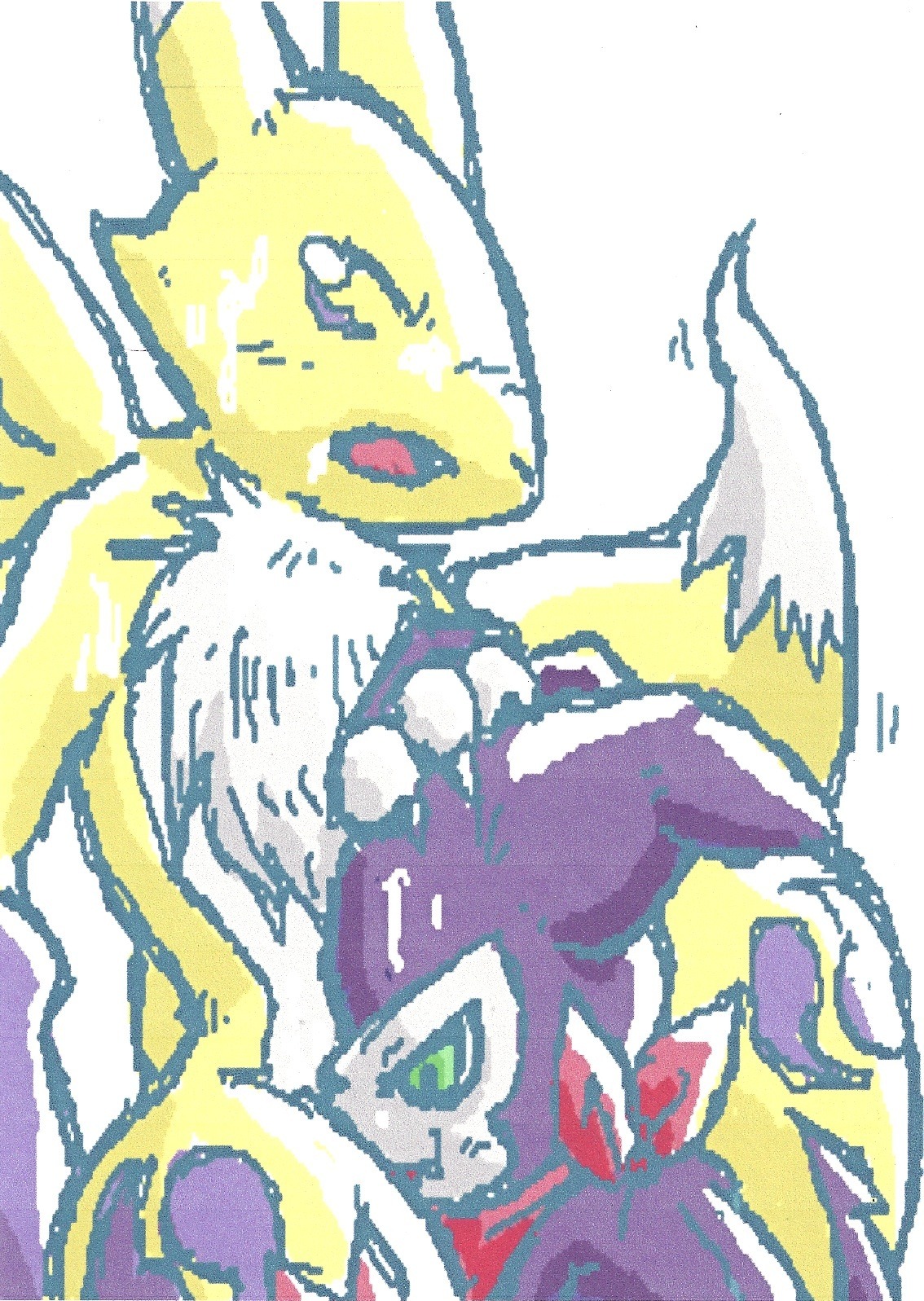 ambiguous/ambiguous ambiguous_gender anthro anthro_on_anthro bandai_namco canid canine claws clothing digimon digimon_(species) digital_media_(artwork) duo e621 film_grain fingerless_gloves fur gloves handwear hi_res impmon interspecies mammal mane markings oekaki oral renamon sex unknown_artist white_body white_fur yellow_body yellow_fur