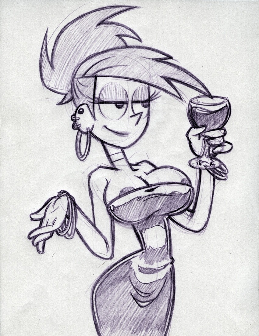 1girls alcohol black_dress bottle bracelet bracelets breasts cartoon_network choker clothed clothing dress drunk ear_piercing earrings eyelashes female female_only foster's_home_for_imaginary_friends frankie_foster half-closed_eyes hoop_earrings human king-cheetah nipples rule34 sketch solo wine wine_glass