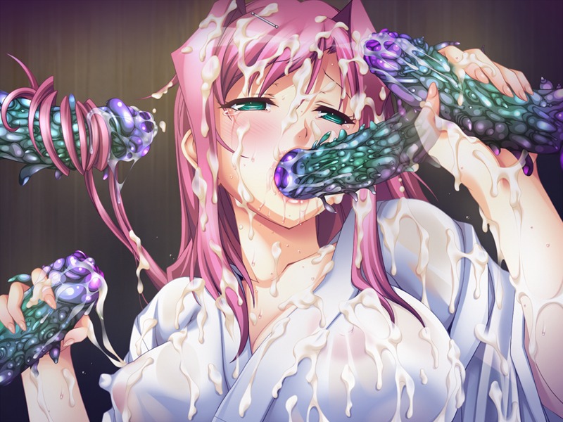 aojiru big_breasts breasts bukkake clothing consensual_tentacles cum cum_in_mouth cum_inside cum_on_clothes erect_nipples erect_nipples_under_clothes facial fellatio female green_eyes green_tentacles handjob inyouchuu inyouchuu_etsu japanese_clothes kimono large_breasts male monster nipples open_mouth oral penis penis_tentacles pink_hair rule34 see-through see-through_clothing sex sheer shiratori_hatsune tears tentacle tentacle_grab