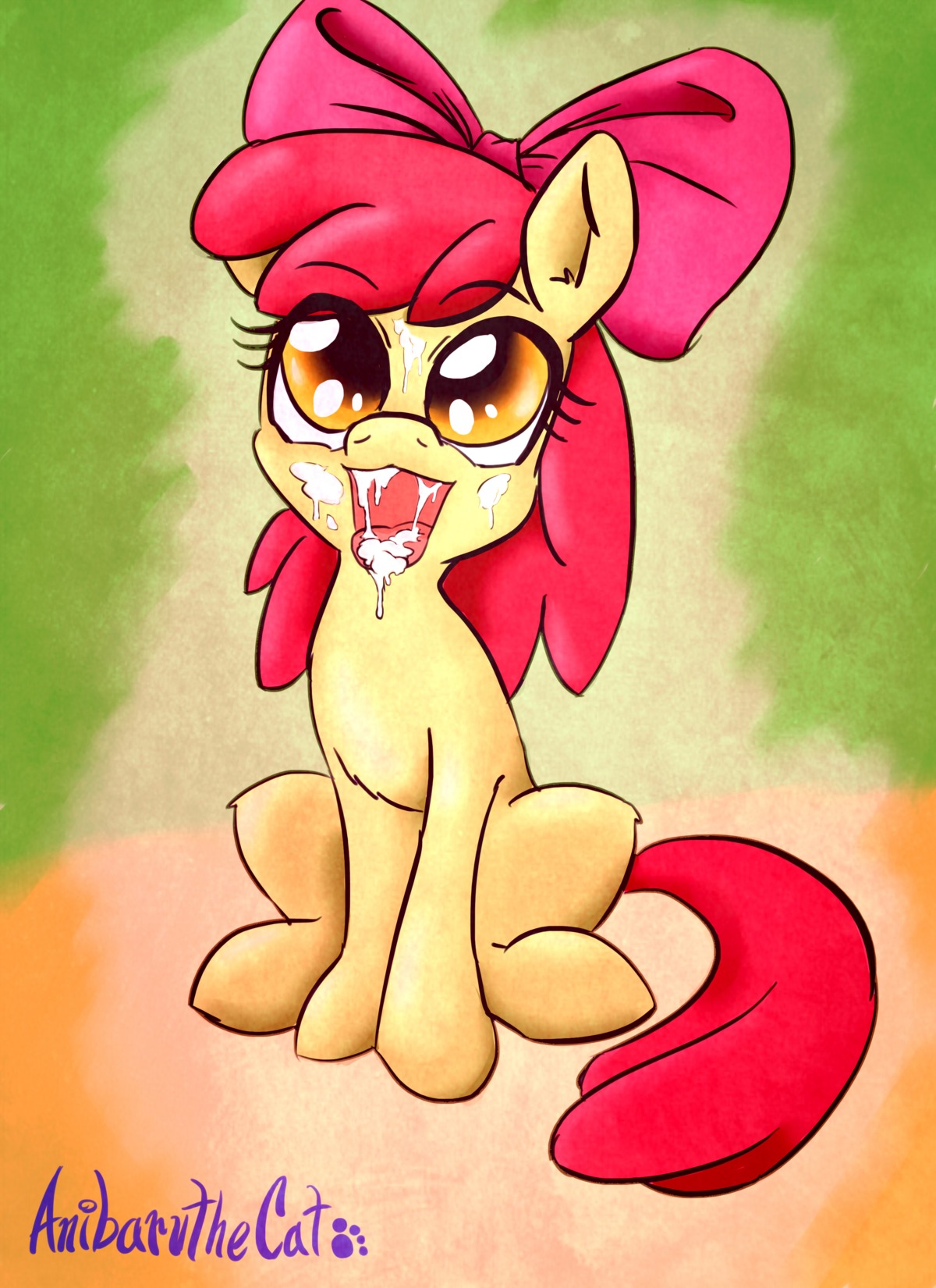 2014 absurd_res accessory amber_eyes anibaruthecat apple_bloom_(mlp) bodily_fluids bow_(feature) bow_accessory bow_ribbon cum cum_on_face cum_on_tongue digital_media_(artwork) e621 earth_pony equid equine eyes_closed female feral friendship_is_magic fur genital_fluids hair hair_accessory hair_bow hair_ribbon hasbro hi_res horse loli mammal my_little_pony open_mouth pony red_hair ribbons solo tongue yellow_body yellow_fur young young_female young_feral