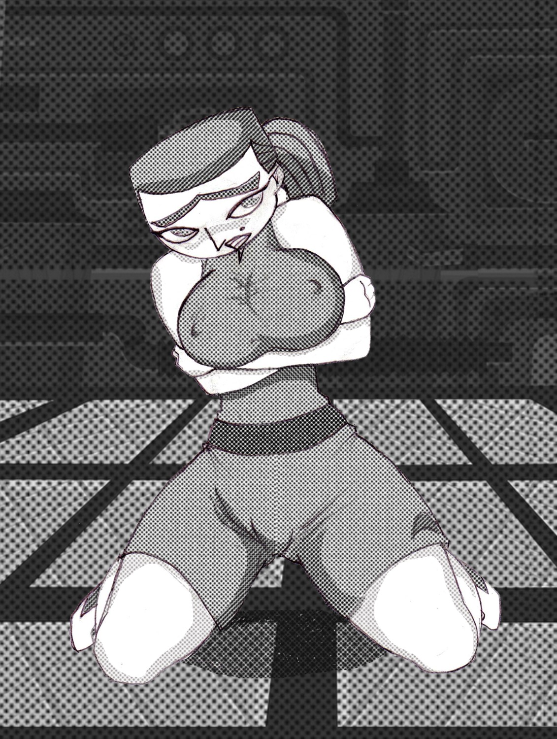 1girls blush drago-flame eva_(tdi) female female_only greyscale human human_only looking_at_viewer monochrome ponytail posing rule34 solo straight_hair total_drama_island unibrow