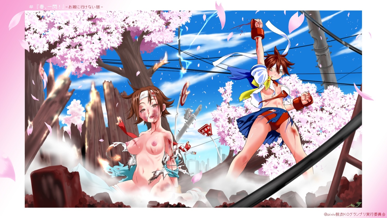 bra breasts clothing female hinata_wakaba mokeke!! panties rival_schools rule34 sakura_kasugano skirt small_breasts street_fighter tagme torn_clothes