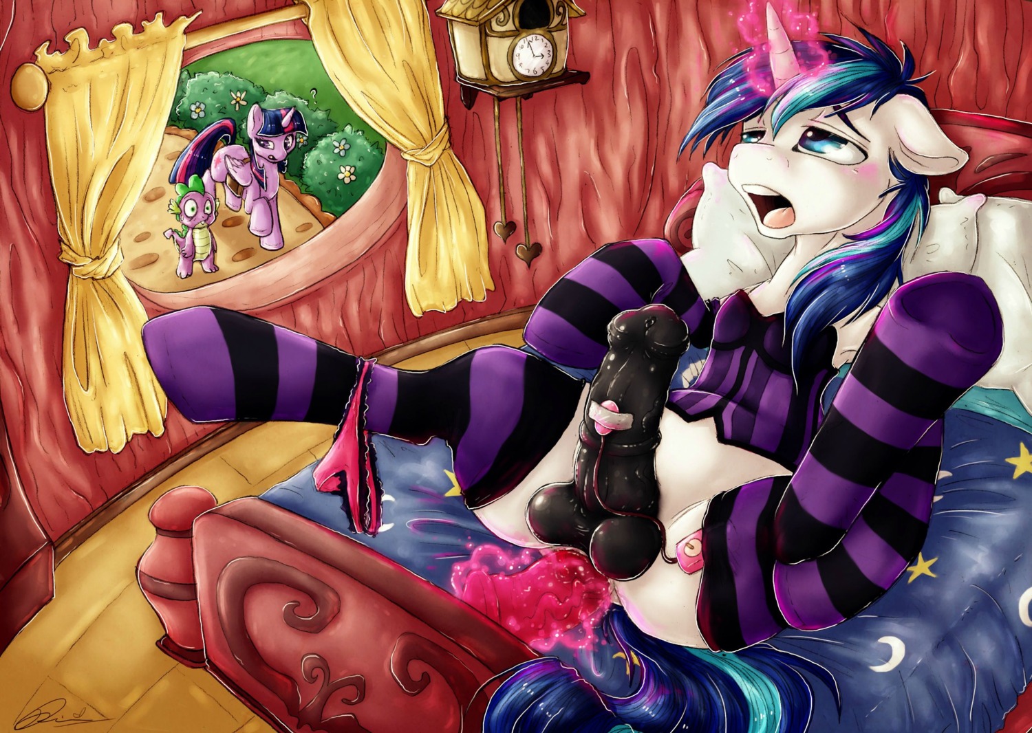2013 anal anal_masturbation anal_penetration animal_genitalia animal_penis balls bed being_watched blue_eyes blue_hair blush clock clothed clothing corset crossdressing cutie_mark dildo dimwitdog dragon e621 egg_vibrator equid equine equine_genitalia equine_penis erection feathered_wings feathers female feral friendship_is_magic fur furniture genitals green_eyes group hair hasbro hi_res horn legwear lingerie looking_at_another magic male male_focus male_penetrated mammal masturbation multicolored_hair my_little_pony mythological_creature mythological_equine mythological_scalie mythology o_o open_mouth penetration penis pillow purple_body purple_feathers purple_hair scalie sex_toy shining_armor_(mlp) solo_focus spike_(mlp) spread_legs spreading stockings tail topwear toying_self twilight_sparkle_(mlp) two_tone_hair unicorn vibrator white_body white_fur winged_unicorn wings