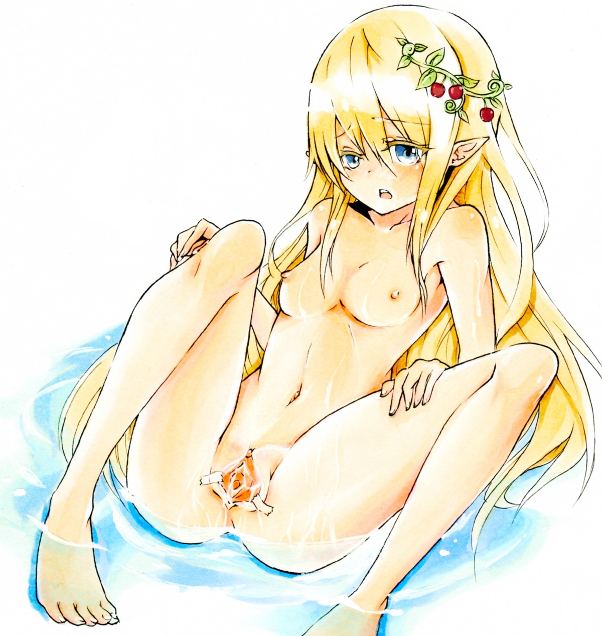 blonde_hair blue_eyes breasts female maplestory mercedes_(maplestory) nipples nude pointy_chin pussy rule34 solo uncensored video_games