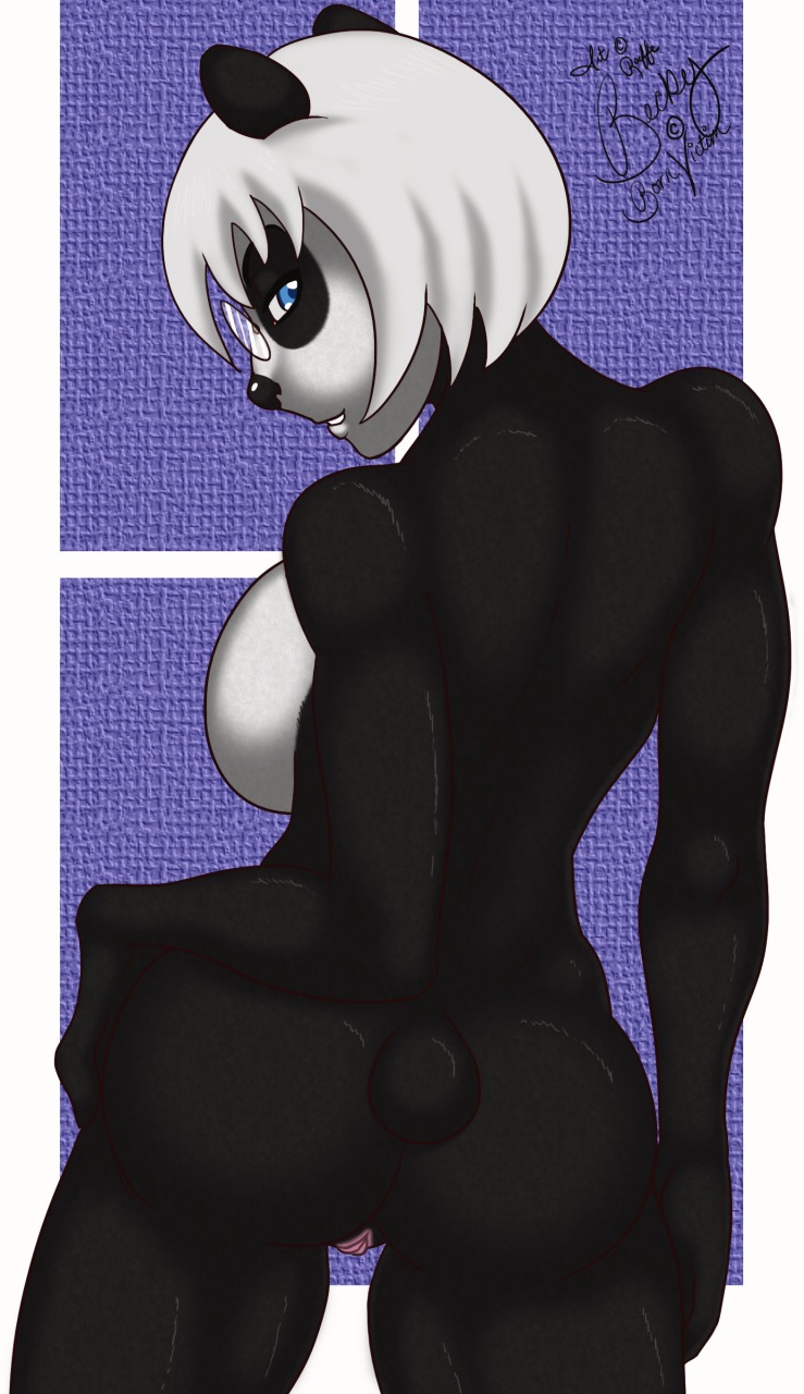 2013 anthro bear becky_(bornvictim) big_breasts biped black_body blue_eyes breasts butt e621 eyewear female genitals giant_panda glasses hair hi_res looking_at_viewer looking_back looking_back_at_viewer mammal nude pose raeffe rear_view round_glasses side_boob signature smile solo standing vulva white_hair