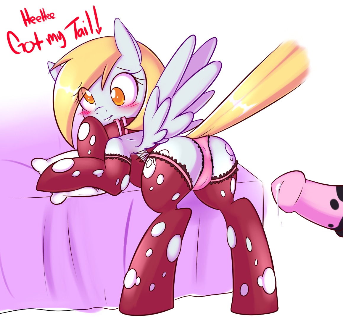 2012 amber_eyes animal_genitalia animal_penis bed blonde_hair blush bodily_fluids butt camel_toe clothing collar corrupteddiscipline cutie_mark derpy_hooves_(mlp) duo e621 english_text equid equine equine_genitalia equine_penis erection feathered_wings feathers female feral friendship_is_magic fur furniture genital_fluids genitals grey_body grey_feathers grey_fur hair hasbro legwear looking_at_viewer male mammal my_little_pony mythological_creature mythological_equine mythology panties pegasus penis pillow precum smile stockings tail text underwear wing_boner wings yellow_eyes