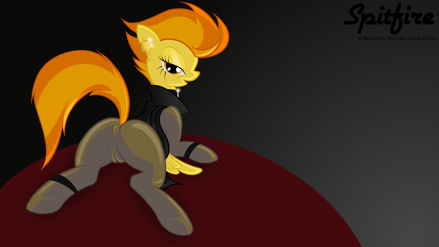 16:9 2012 absurd_res anus butt clothing e621 ear_piercing english_text equid equine feathered_wings feathers female feral friendship_is_magic fur genitals hair hasbro hi_res looking_at_viewer looking_back lying mammal my_little_pony mythological_creature mythological_equine mythology nylons orange_eyes orange_hair pegasus piercing presenting solo spitfire_(mlp) taharon tail text vulva widescreen wings wonderbolts_(mlp) yellow_body yellow_feathers yellow_fur