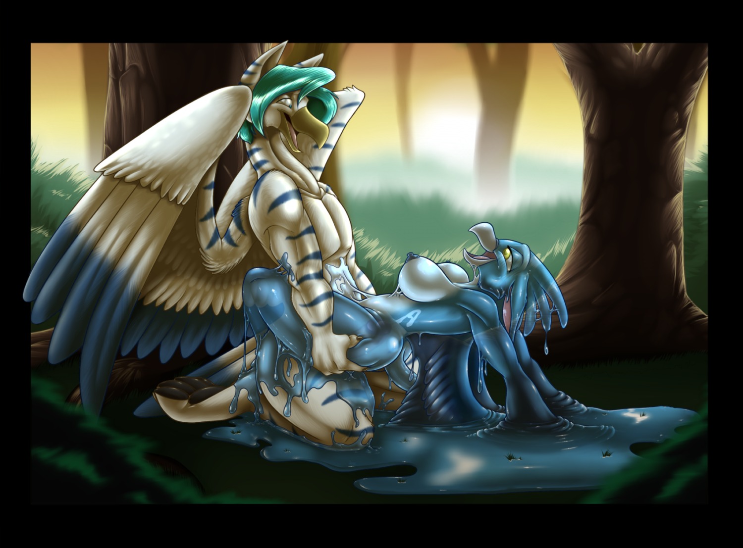 4_toes 5_fingers anthro avian beak bloo blue_body blue_feathers blue_hair bodily_fluids breasts cum cum_inside duo e621 feathered_wings feathers feet female female_penetrated fingers genital_fluids genitals goo_creature grass grey_eyes gryphon hair hi_res jousterl kneeling l0st male male/female male_penetrating male_penetrating_female mythological_avian mythological_creature mythology nipples non-mammal_breasts non-mammal_nipples nude outside pawpads paws penetration penis plant sex stripes toes translucent translucent_body tree white_body white_feathers wings yellow_eyes