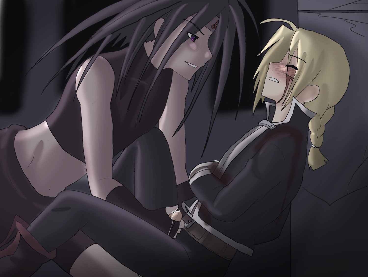 angelofhapiness black_hair bleeding blonde_hair blood blood_stain bloody_clothes blush braid closed_eyes clothes color cum edward_elric envy_(fullmetal_alchemist) fullmetal_alchemist gloves hair handjob headband homunculus human incision injury long_hair looking_at_another male male_only multiple_males open_eyes penis purple_eyes round_ears rule34 side_view stained_clothes wound yaoi