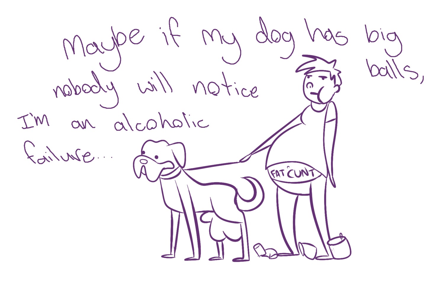 alcoholic balls big_balls canid canine canis clothed clothing domestic_dog duo e621 english_text fat_cunt fully_clothed genitals hi_res human male mammal nude overweight simple_background tail text white_background