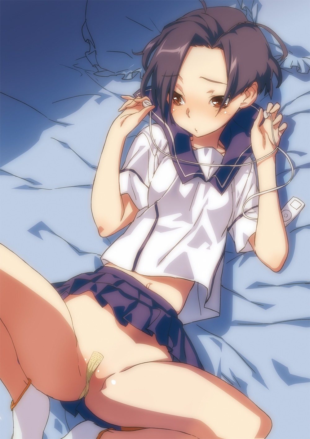 1girls bandaid_on_pussy bed black_hair blush bob_cut brown_eyes clothing digital_media_player earbuds fair-skinned_female fair_skin female female_only highres human ipod kobayakawa_rinko light-skinned_female light_skin love_plus lying maebari mp3_player no_panties partially_visible_vulva pointy_chin pussy rule34 sameda_koban short_hair solo spread_legs