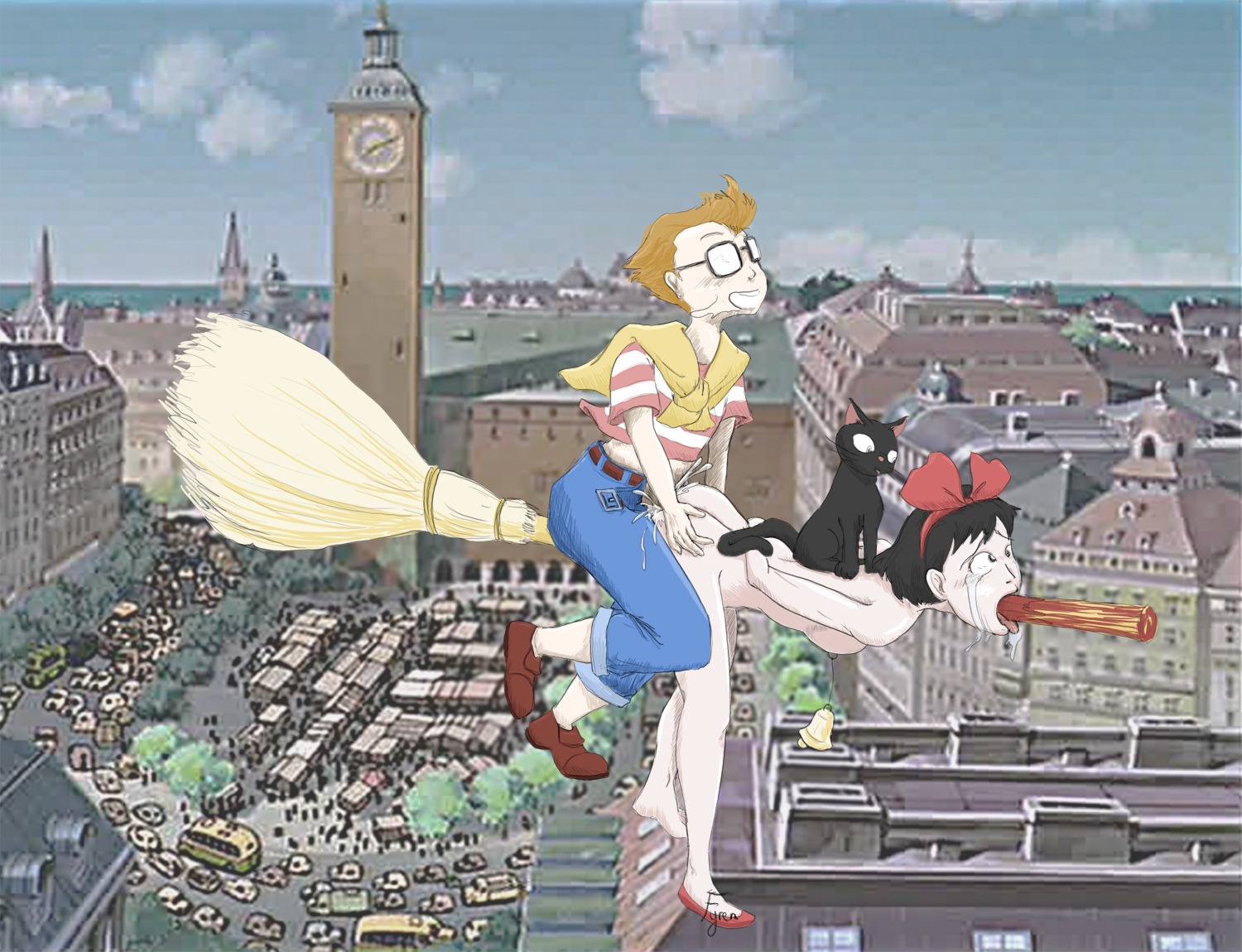 1boy 1girls all_the_way_through arms_behind_back artist_request black_hair blue_sky bow breasts broom cat city clothed_male_nude_female clothing cloud crying day female flying full_body glasses gore impalement implied_anal implied_anal_penetration jiji_(kiki's_delivery_service) kiki kiki's_delivery_service male nipples opaque_glasses outdoors pussy rule34 sex small_breasts spitted straight studio_ghibli tears tombo_kopoli vaginal_impalement
