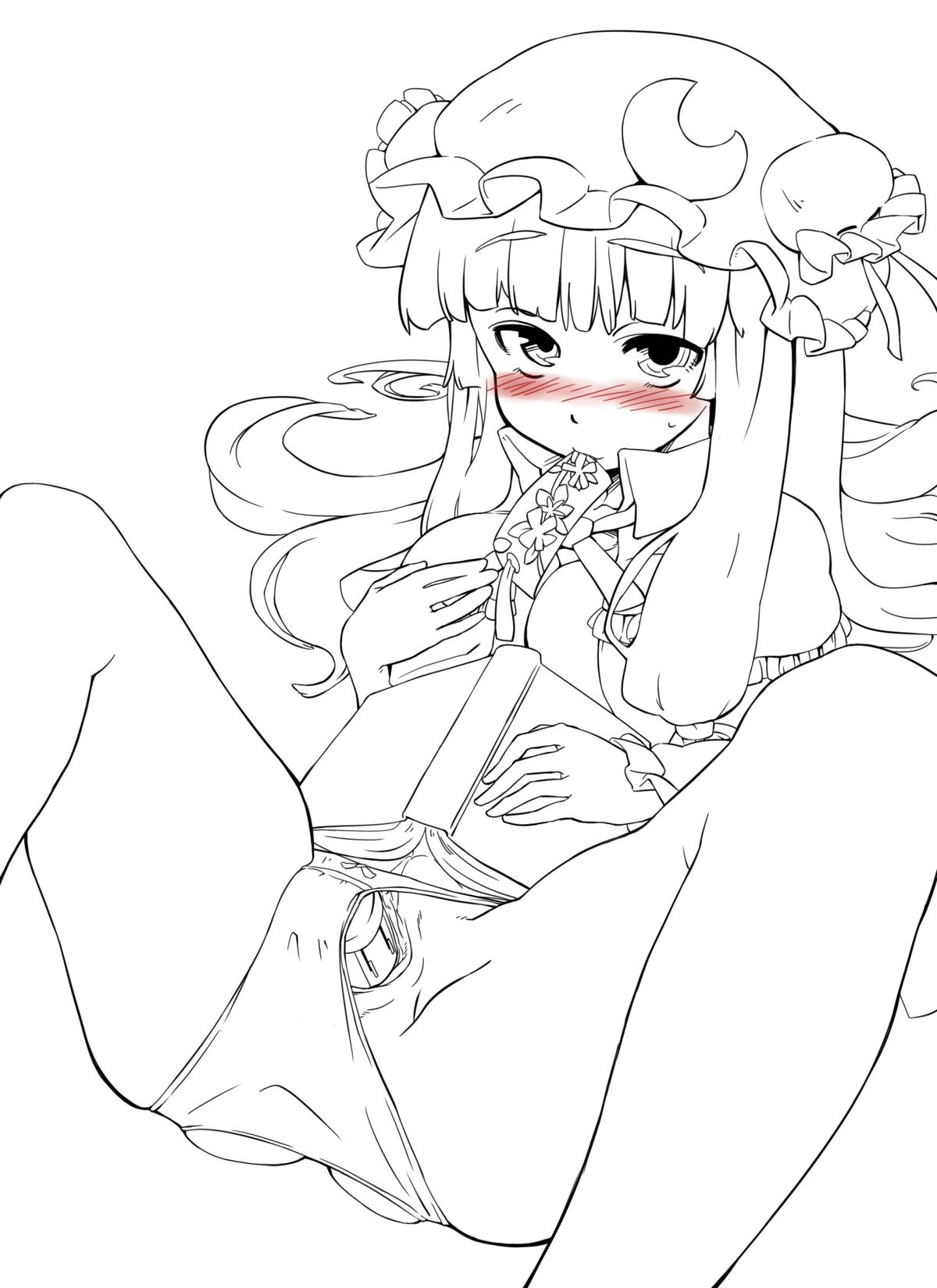 blush book crescent crescent_moon dildo face female female_only hat highres human kariinu line_art long_hair masturbation monochrome panties patchouli_knowledge pussy rule34 sex_toy solo touhou uncensored underwear vibrator