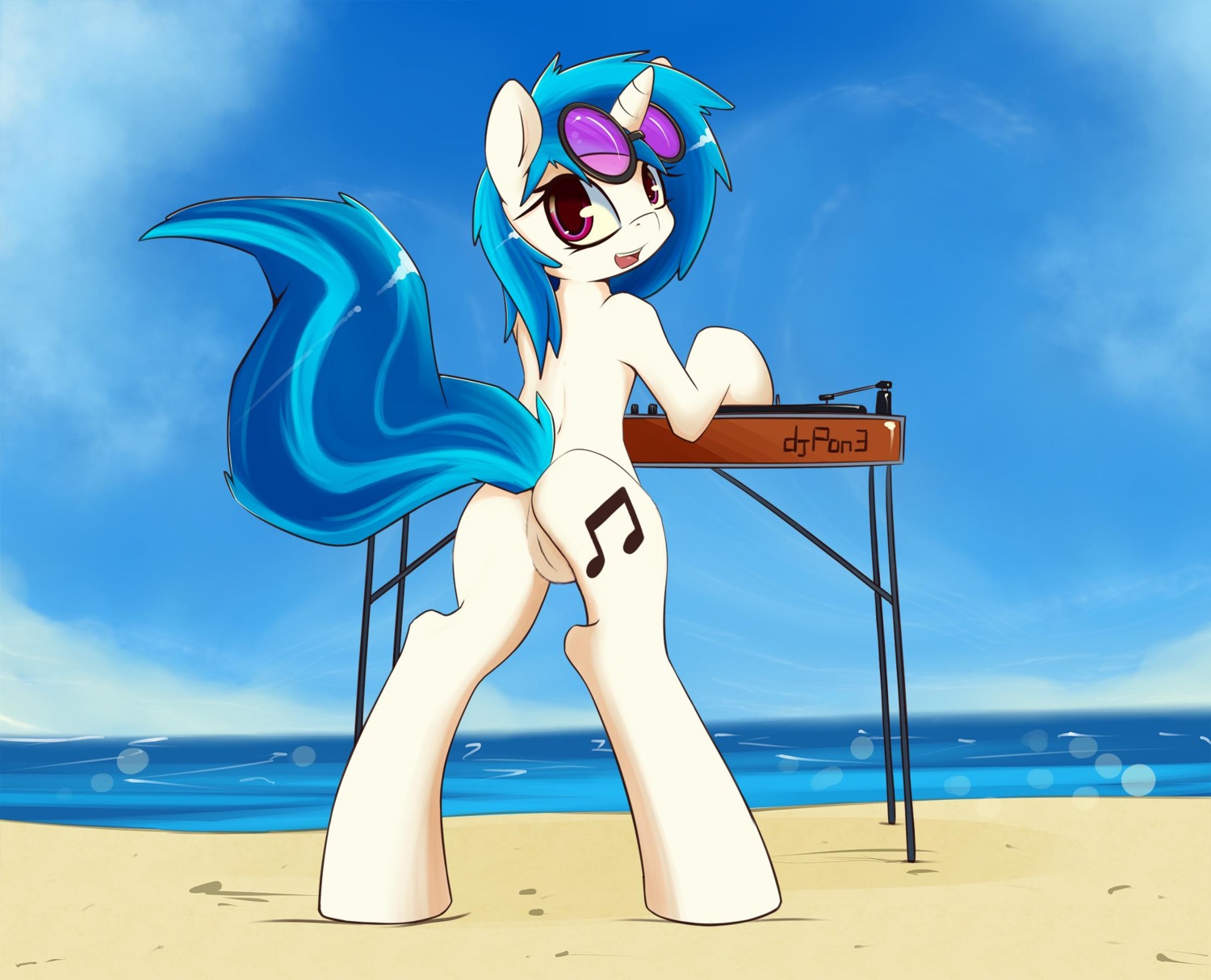 beach blue_hair butt cutie_mark detailed_background e621 equid equine eyewear female feral friendship_is_magic genitals grumblepluck hair hasbro hi_res horn looking_at_viewer looking_back mammal my_little_pony mythological_creature mythological_equine mythology nude open_mouth outside sand seaside sky solo sunglasses tail third-party_edit unicorn vinyl_scratch_(mlp) vulva water
