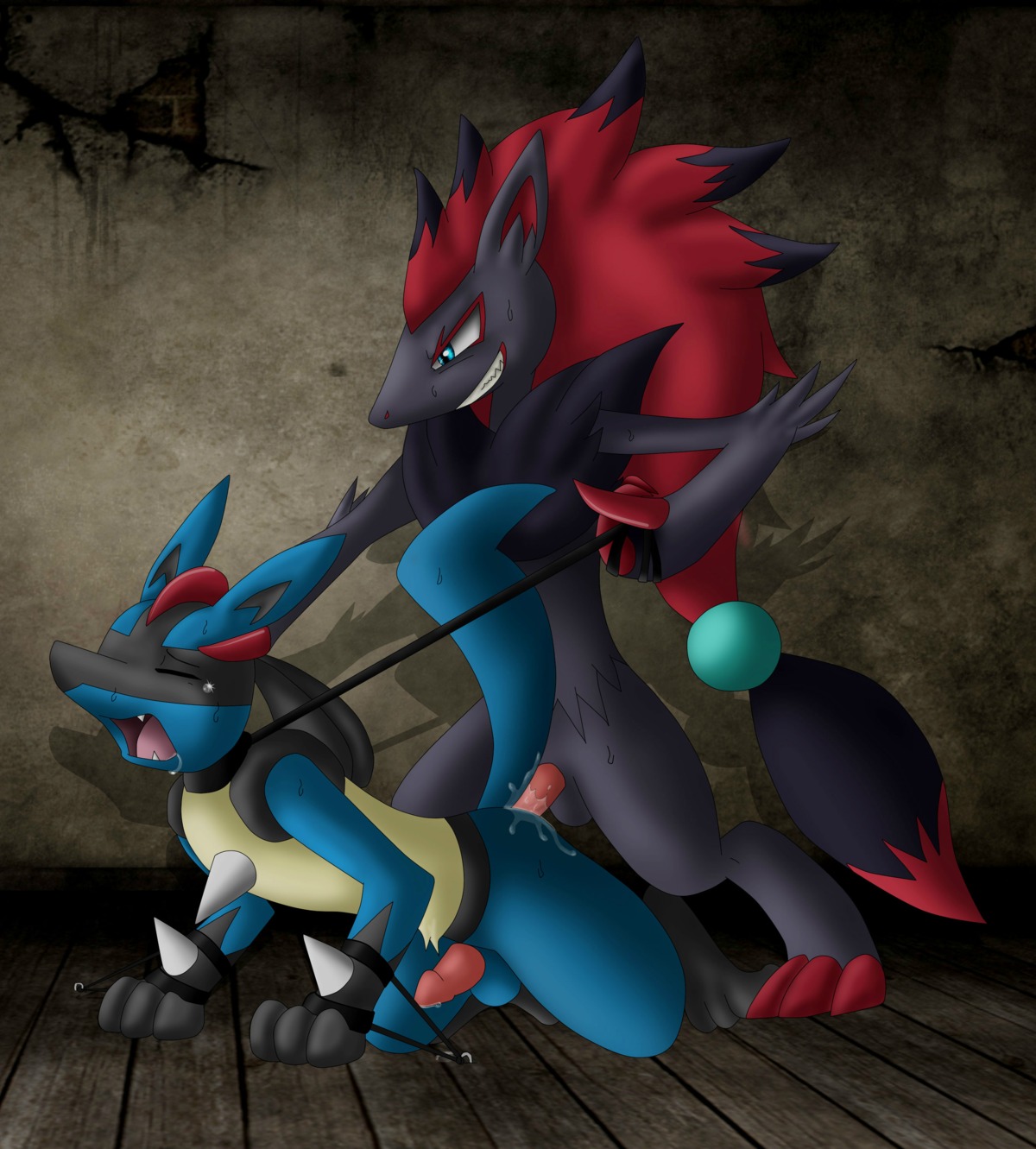 absurd_res all_fours anal anal_penetration anthro anthro_on_anthro anthro_penetrated anthro_penetrating anthro_penetrating_anthro bdsm black_body black_fur blue_body blue_fur bodily_fluids bound canid canine claws cum cum_in_ass cum_inside doggystyle dominant dominant_male duo e621 erection eyes_closed forced from_behind_position fur generation_4_pokemon generation_5_pokemon genital_fluids genitals grin hand_on_head hi_res holding_leash holding_object leash leash_pull lucario lucarioico2007 male male/male male_penetrated male_penetrating male_penetrating_male mammal nintendo nude open_mouth penetration penile penile_penetration penis pokemon pokemon_(species) rape red_claws sex smile sweat tears yellow_body yellow_fur zoroark