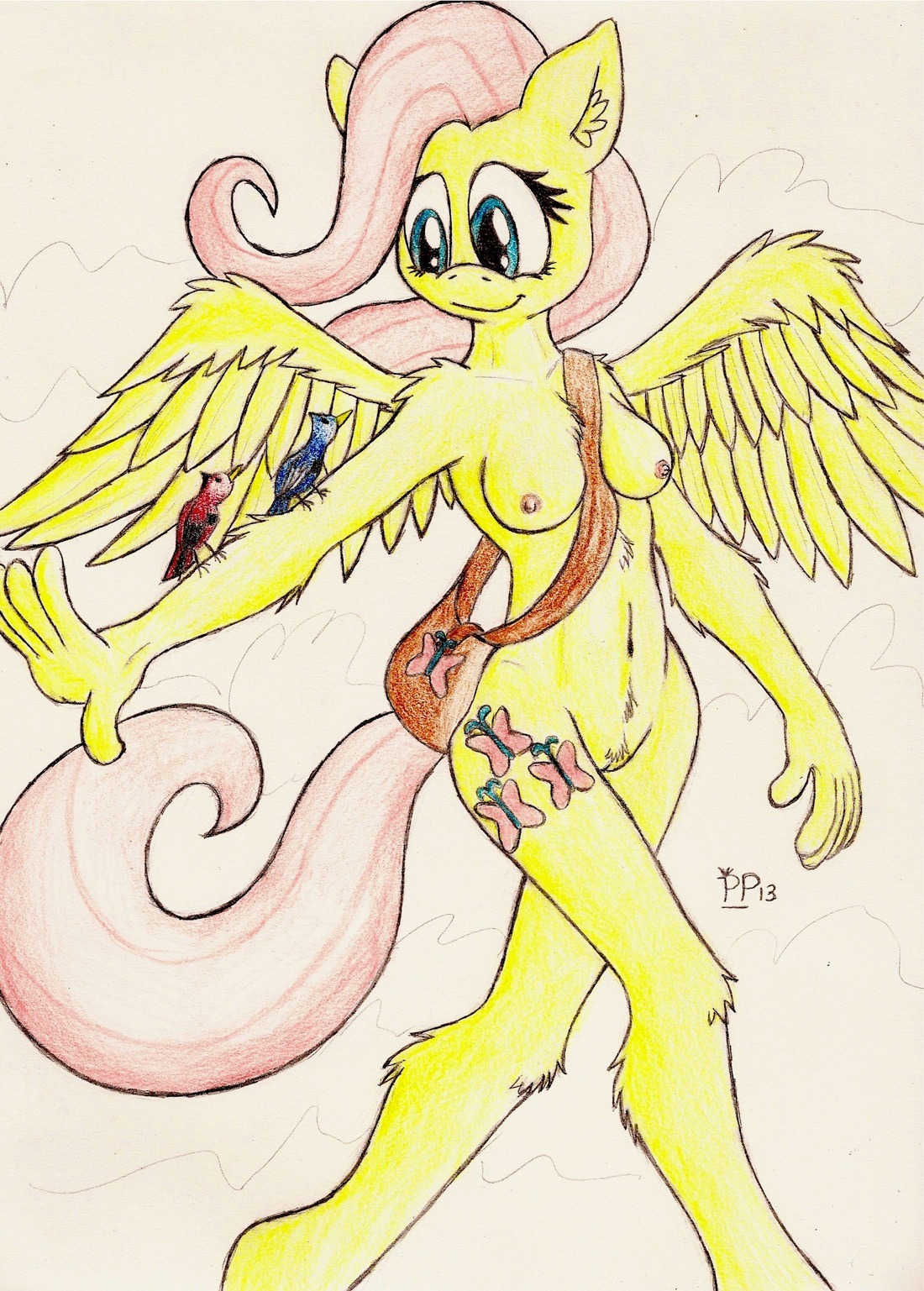 2013 5_fingers anthro anthrofied avian bag between_breasts bird blue_eyes breasts casual_nudity chest_tuft cutie_mark e621 equid equine eyelashes feathered_wings feathers female feral fingers fluffy fluffy_tail fluttershy_(mlp) friendship_is_magic fur genitals group hair hasbro hi_res humanoid_hands long_hair mammal my_little_pony mythological_creature mythological_equine mythology navel nipples nude pegasus pink_hair pink_nipples pink_tail punkpega shoulder_bag signature simple_background slim smile solo_focus tail traditional_media_(artwork) tuft vulva walking white_background wide_hips wings yellow_body yellow_feathers yellow_fur yellow_vulva