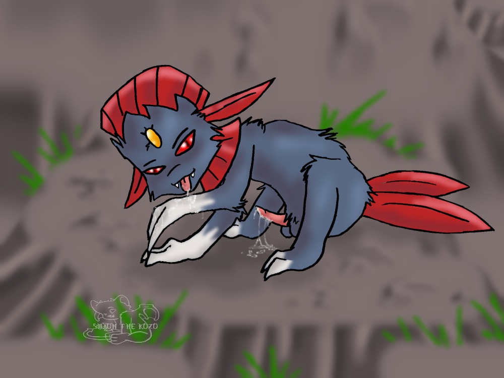 anthro colored cum fur furry licking male male_only nude penis pokemon pokemon_(species) red_eyes rule34 side_view solo tagme weavile