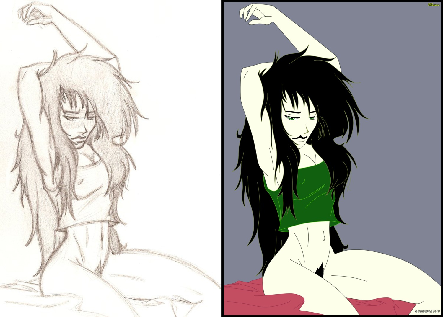 arms_up bottomless breasts disney female female_only human kim_possible ks4u medium_breasts monochrome rough_sketch rule34 shego solo straight_hair tagme tenshichan1013