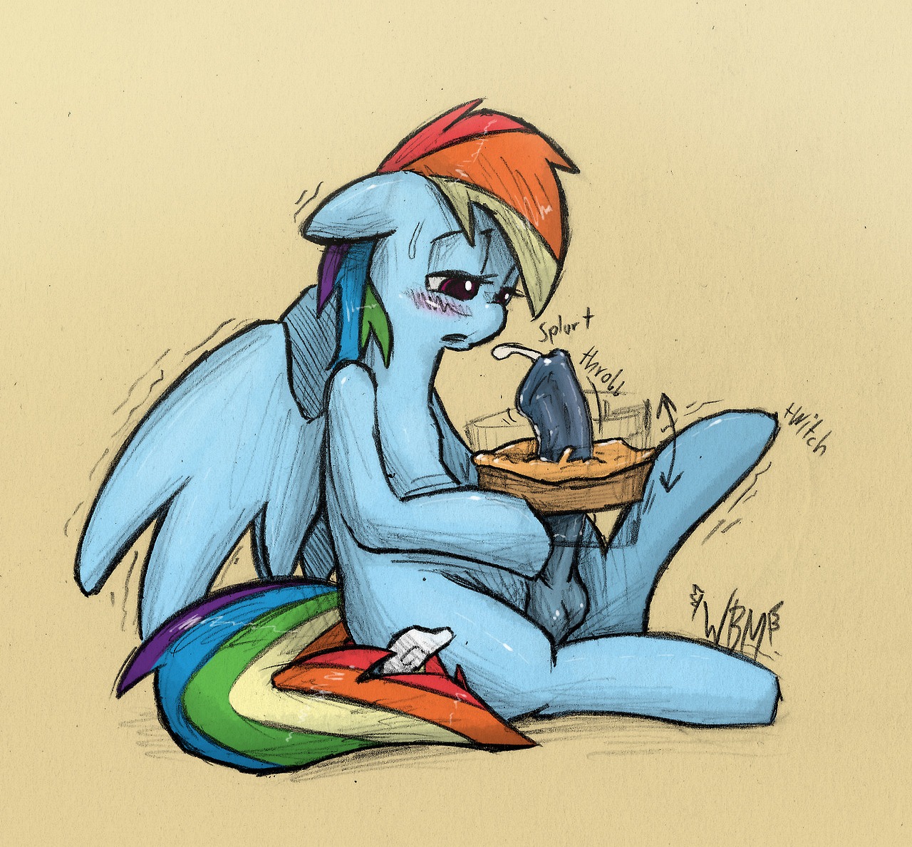 2014 animal_genitalia animal_penis balls blue_body blue_feathers blue_fur blush bodily_fluids cum cutie_mark dessert e621 equid equine equine_genitalia equine_penis erection feathered_wings feathers food friendship_is_magic fur genital_fluids genitals gynomorph hair half-closed_eyes hasbro intersex mammal masturbation multicolored_hair multicolored_tail my_little_pony mythological_creature mythological_equine mythology narrowed_eyes nude pastry pegasus penile penile_masturbation penis pie rainbow_dash_(mlp) rainbow_hair rainbow_tail sitting solo sweat tail the-wag wings