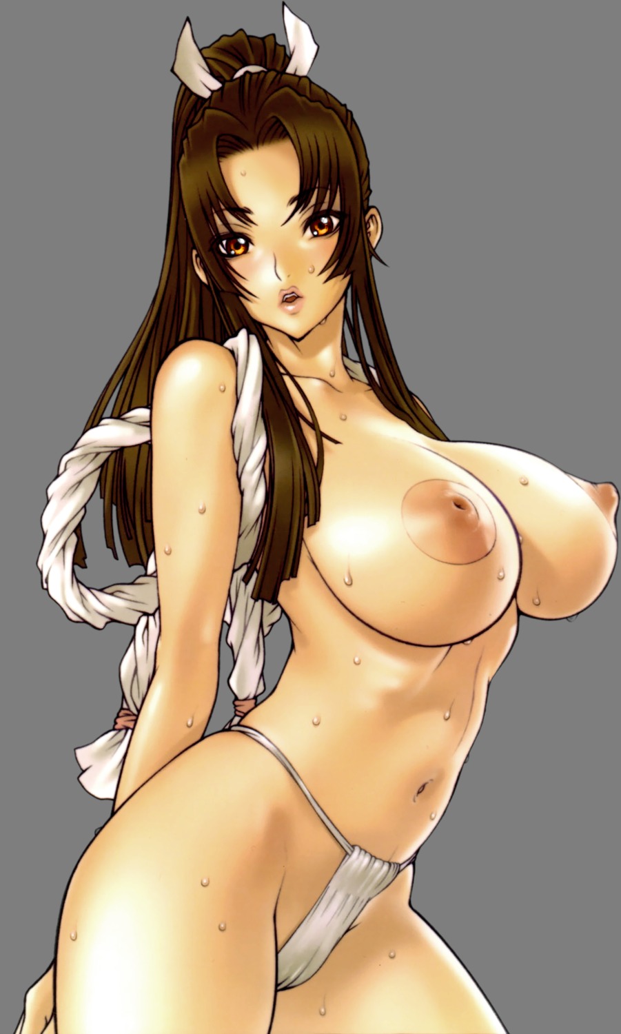 breasts fatal_fury female female_only fundoshi highres huge_breasts human inverted_nipples king_of_fighters kotobuki_tsukasa large_breasts long_hair mai_shiranui nipples orange_eyes ponytail rope rule34 solo sweat tied_hair transparent_background transparent_png