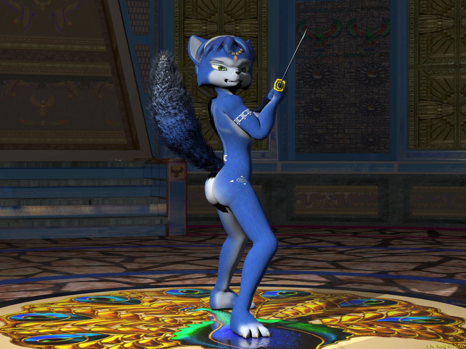 3d 4:3 anthro ass black_nose blue_fur blue_hair color female female_only fox fur furry furry_ass furry_ears furry_tail green_eyes hair holding holding_sword indoors krystal krystal_(littledragon) nude open_eyes pointy_ears raised_tail rule34 short_hair side_view solo standing star_fox sword tail weapon white_fur