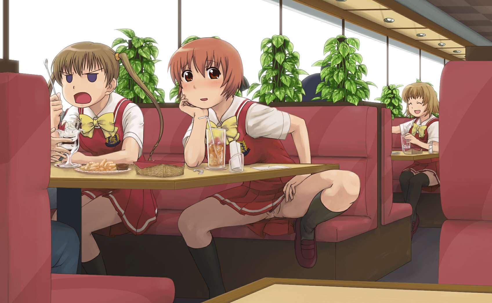 3girls calpara clothing exposed_pussy female highres kashimashi kurusu_tomari momose_kurumi multiple_females multiple_girls no_panties osaragi_hazumu pani_poni_dash! pleated_skirt pussy rule34 school_uniform seifuku serafuku skirt voice_actor_connection