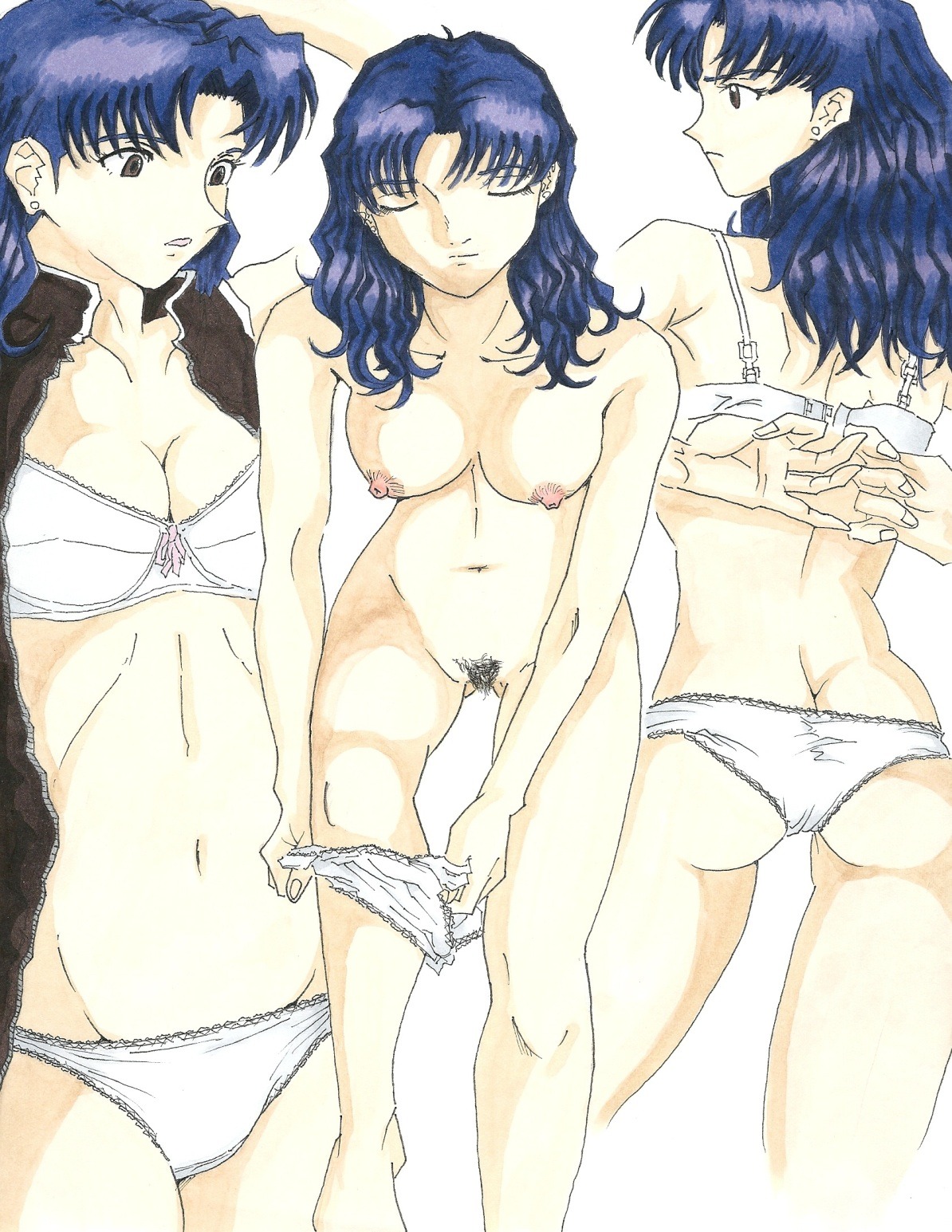 bra breasts clothing female highres large_breasts lingerie lostunicorn misato_katsuragi neon_genesis_evangelion nude panties pubic_hair rule34 underwear undressing