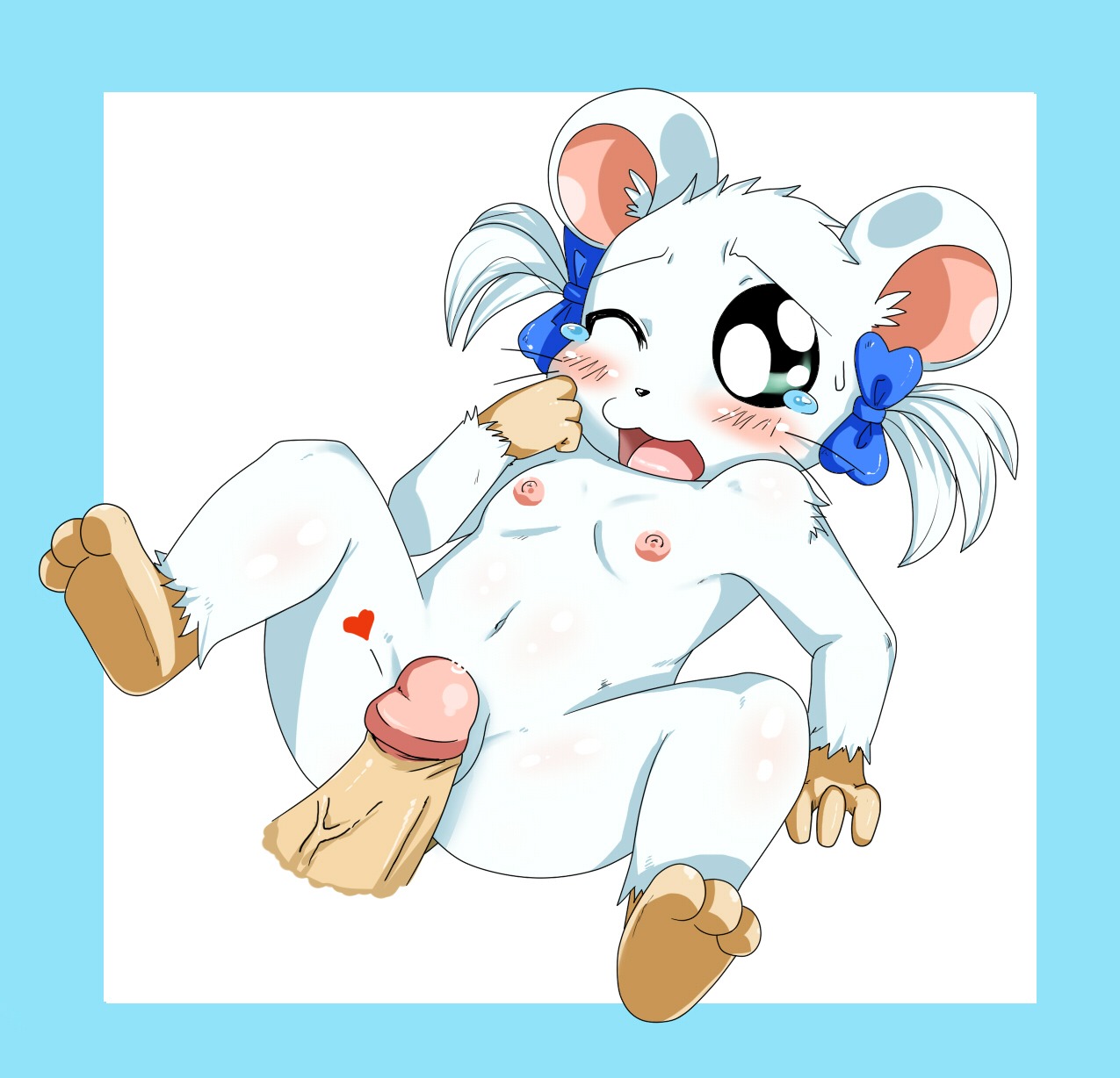 anthro anthrofied bijou_(hamtaro) black_eyes blue_border blush bodily_fluids border cricetid disembodied_penis duo e621 erection female female_focus flat_chested foreskin genitals hair hamster hamtaro_(series) heart_symbol hi_res humanoid_genitalia humanoid_penis lying male male/female mammal nipples nude on_back one_eye_closed penis pigtails retracted_foreskin ribbons rodent sex simple_background solo_focus sssonic2 tears vein veiny_penis white_background white_hair